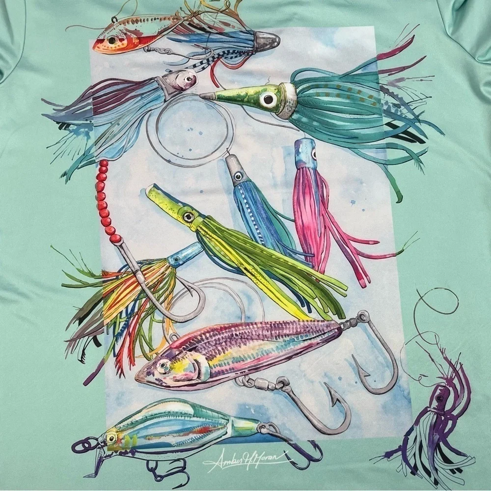Art & Sol Amber Moran Womens Shirt Seafoam Fishing Lures Stretch V Neck Medium - Picture 6 of 10